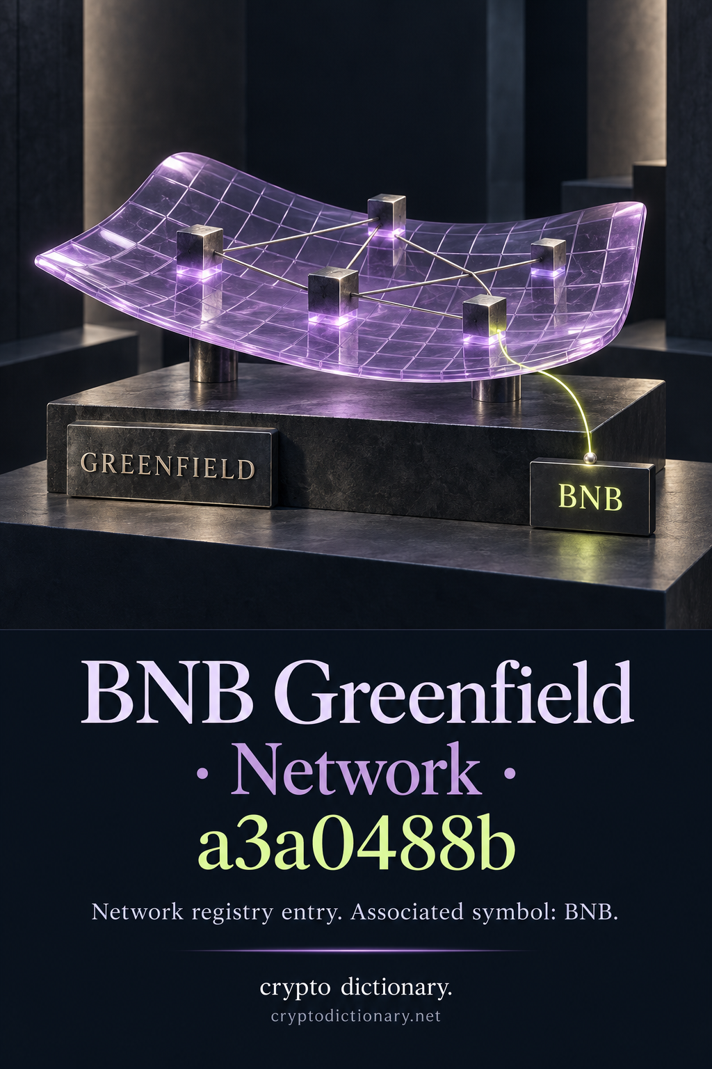 A curved glass field carrying generic linked network nodes, with GREENFIELD identity and separate BNB associated-symbol plaques.