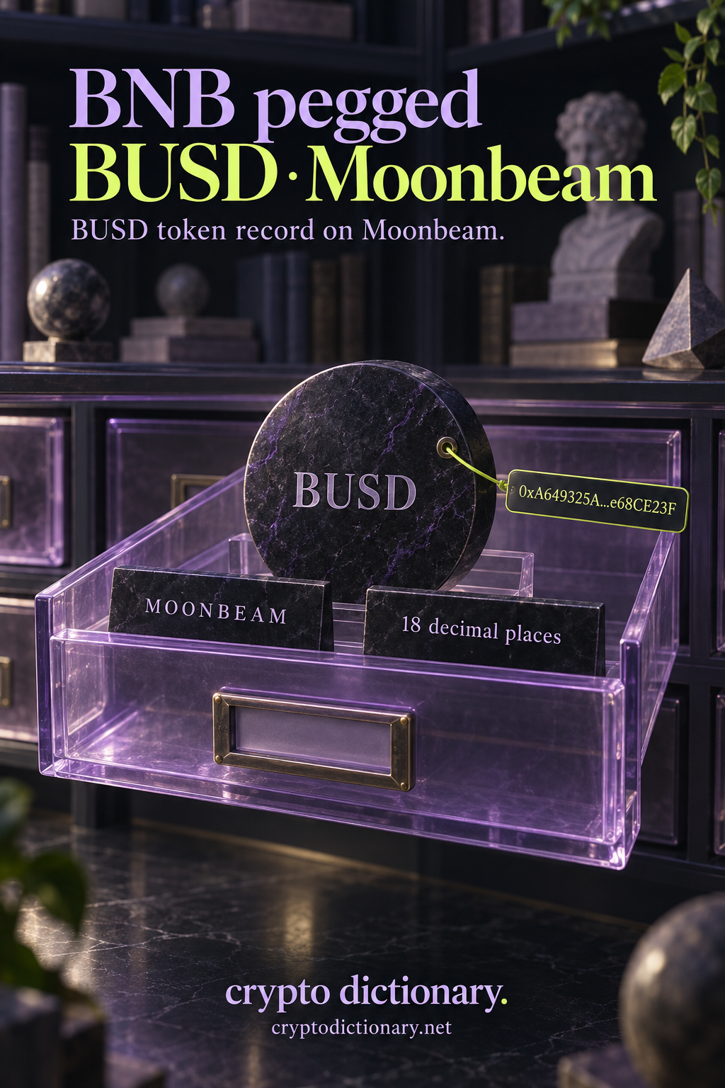 A BUSD registry specimen sits in an open lilac-glass catalog drawer, labeled Moonbeam, eighteen decimal places and abbreviated public contract.