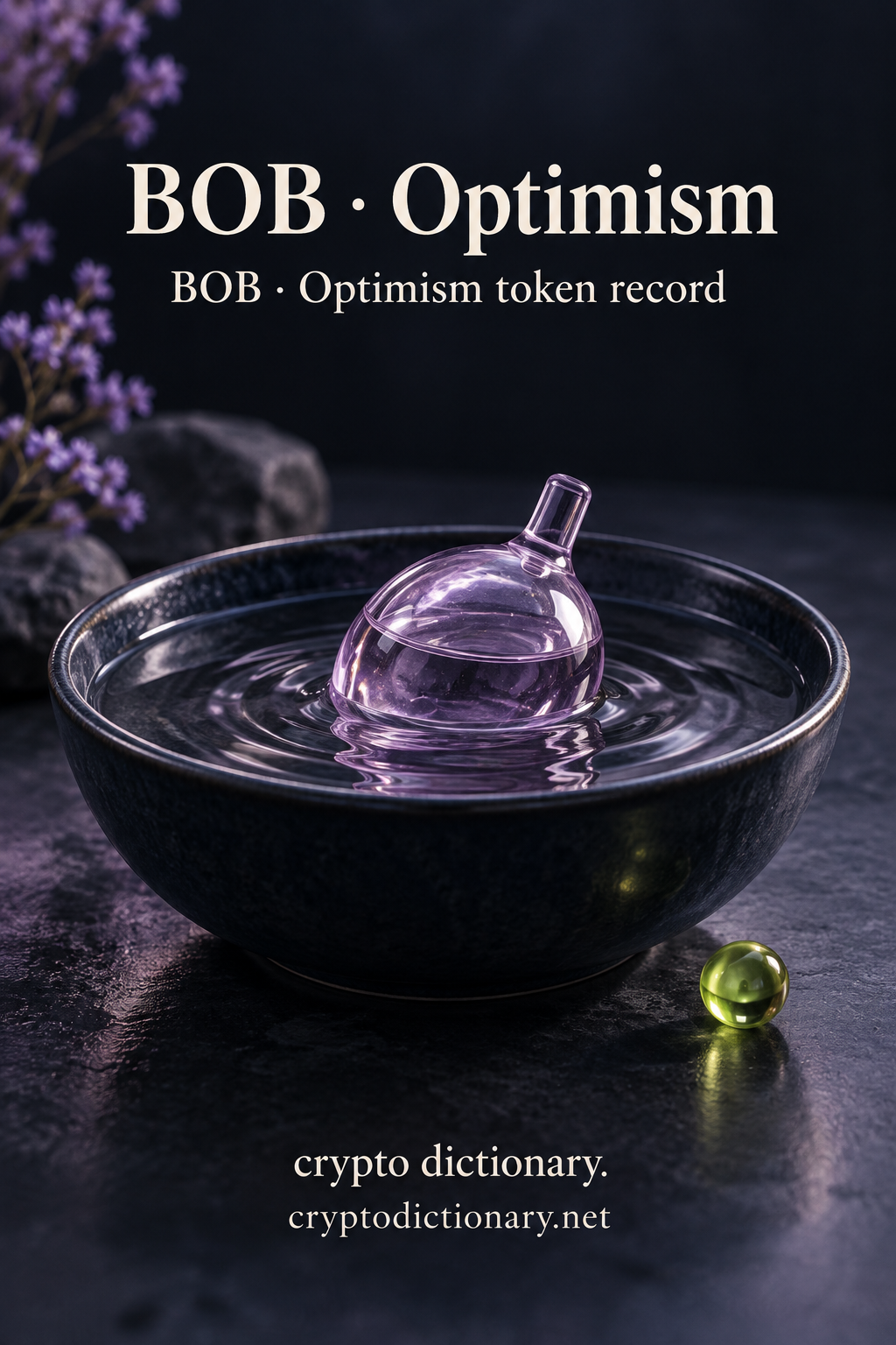 Lilac glass float tilted in a shallow navy bowl of water with ripples and a lime bead.