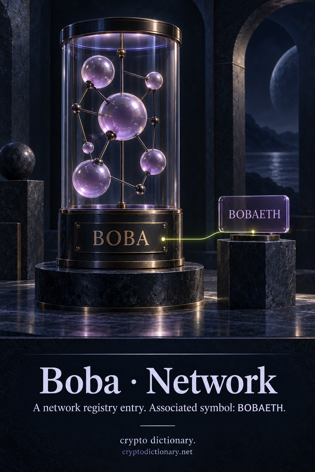 A BOBA network catalog tower containing connected lilac spheres, with a distinct BOBAETH associated-symbol card.