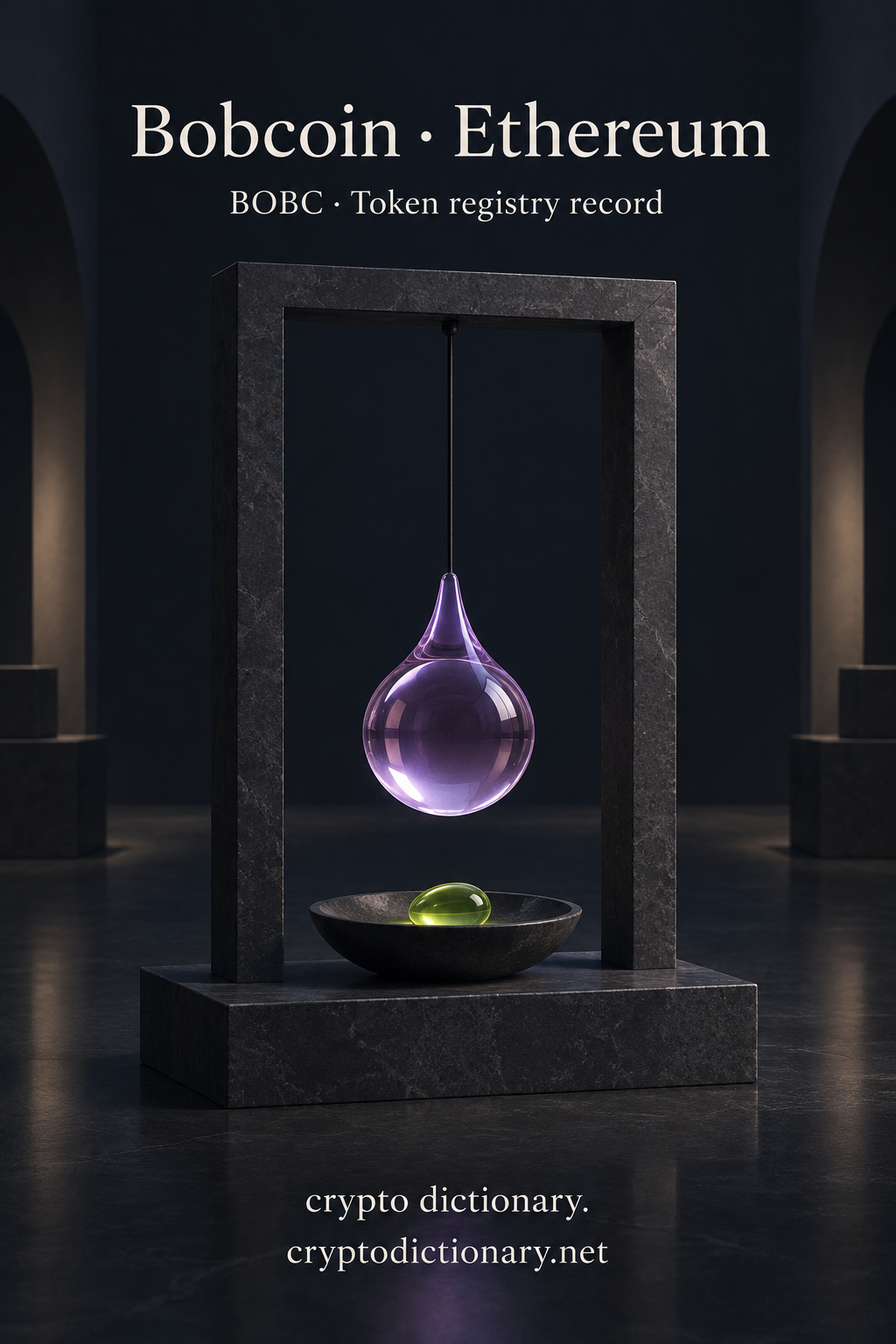Lilac glass pendulum bob in dark stone frame above lime pebble, titled Bobcoin · Ethereum.