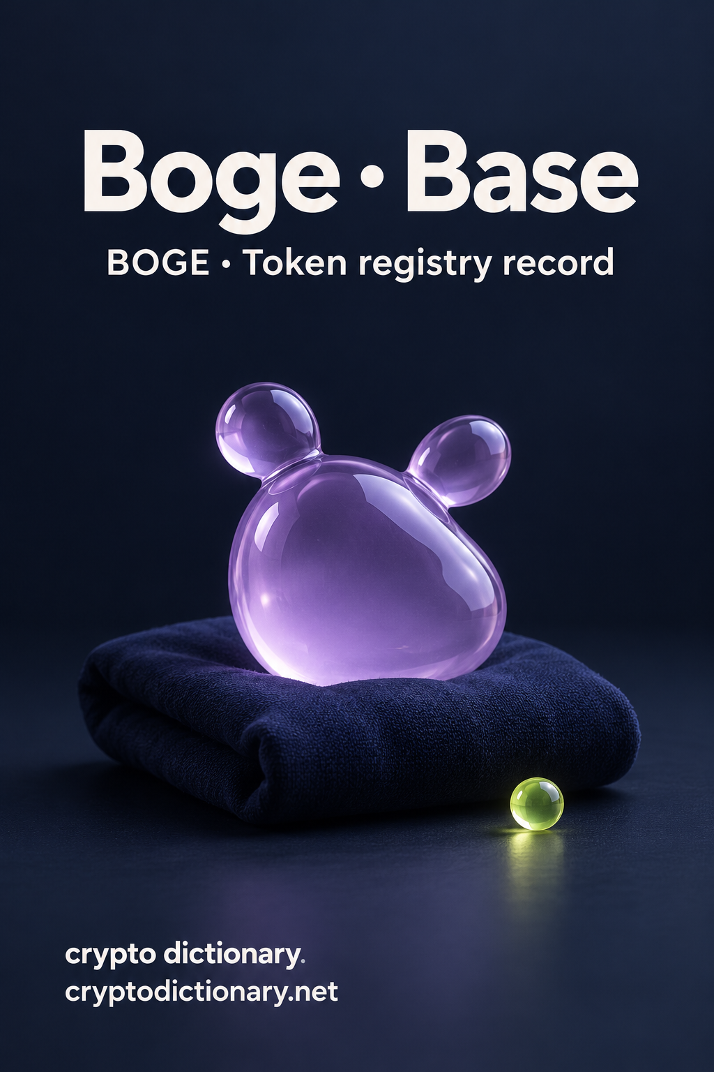 Boge on Base: a rounded anonymous lilac glass creature on a plain navy cushion beside a lime bead.