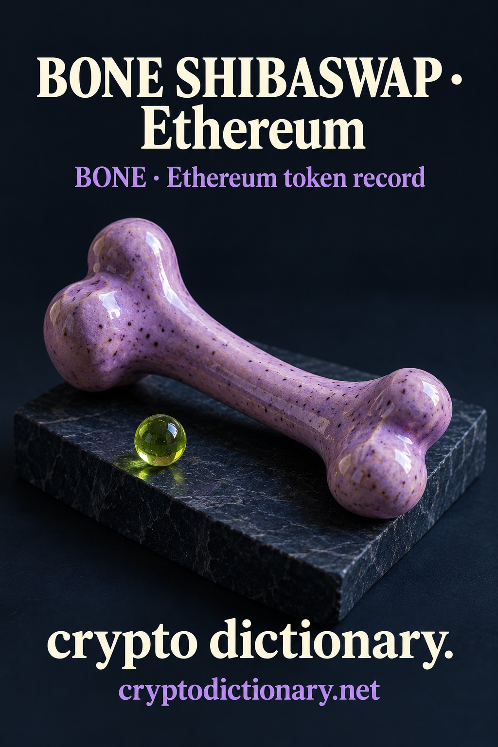 An original lilac ceramic bone with rounded lobes on a navy tile beside a lime bead, beneath BONE SHIBASWAP · Ethereum.