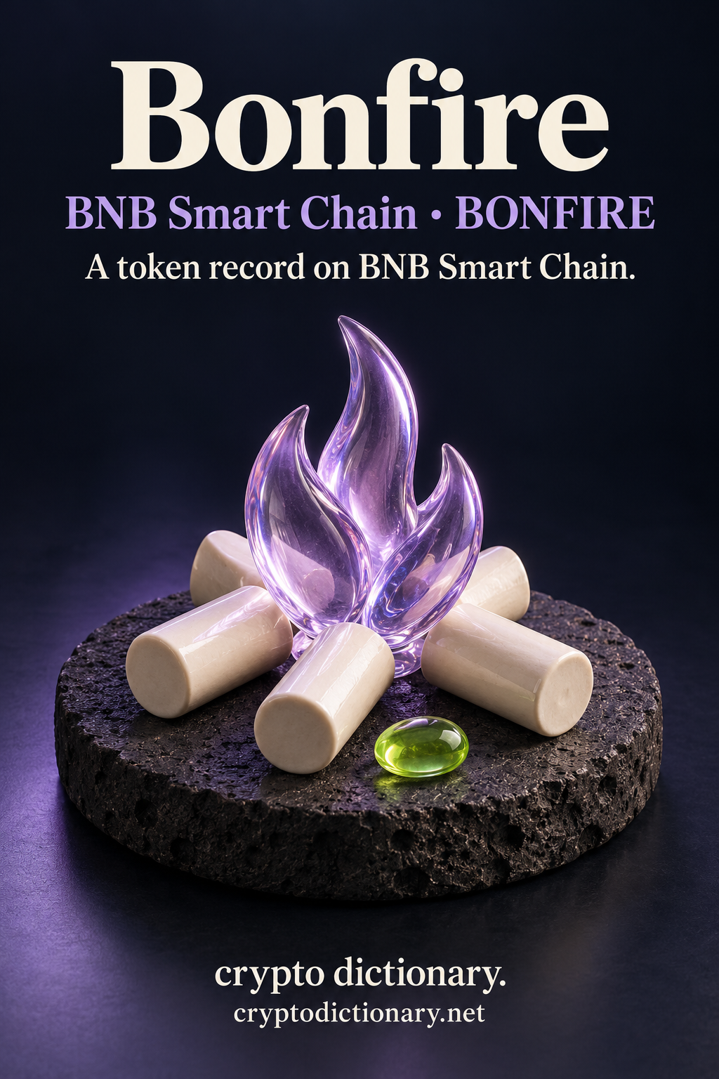 Bonfire token record on BNB Smart Chain, illustrated by an inert lilac glass flame sculpture surrounded by ivory ceramic cylinders on basalt.