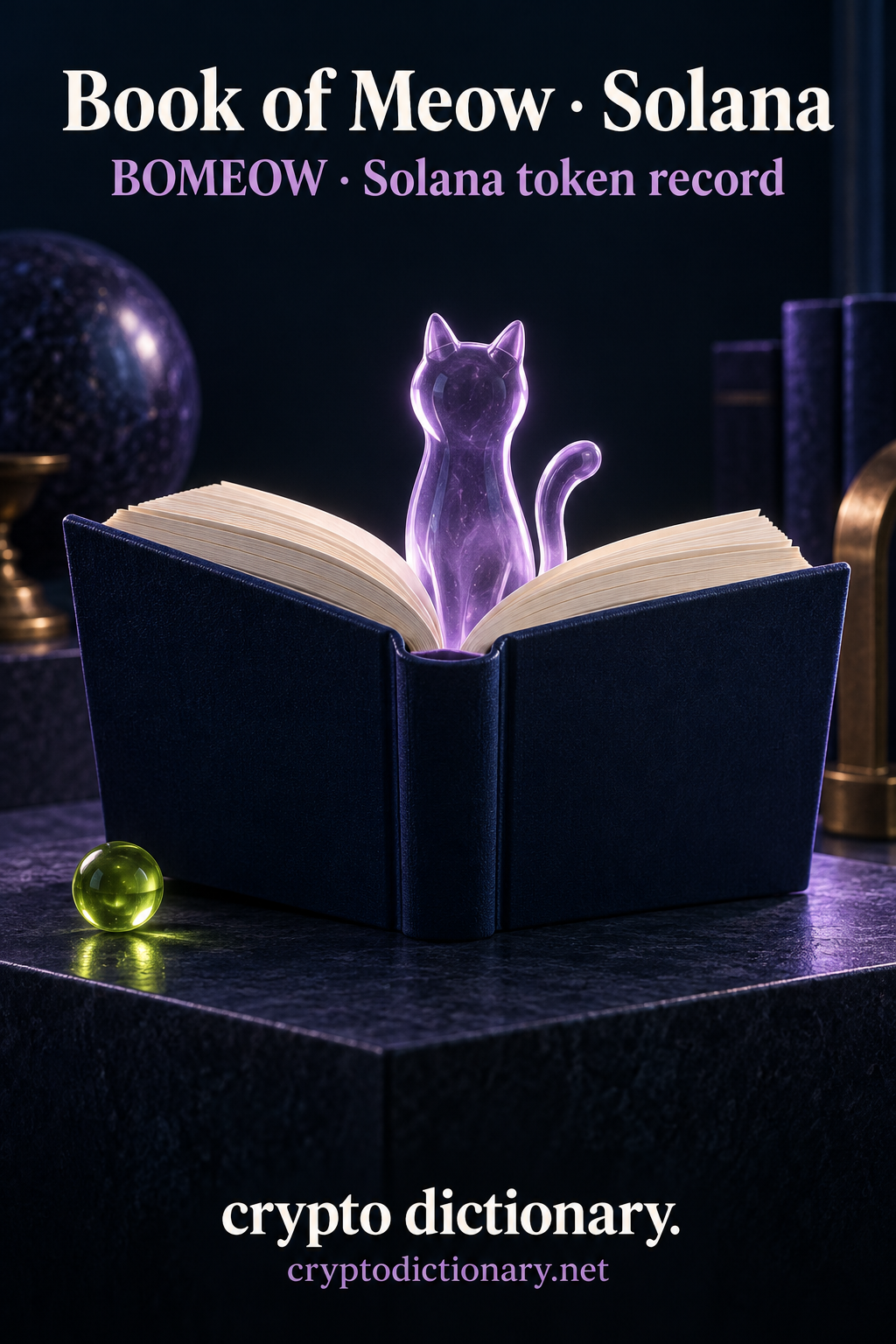 Book of Meow · Solana above an open blank navy book, translucent lilac cat bookmark and lime marble.