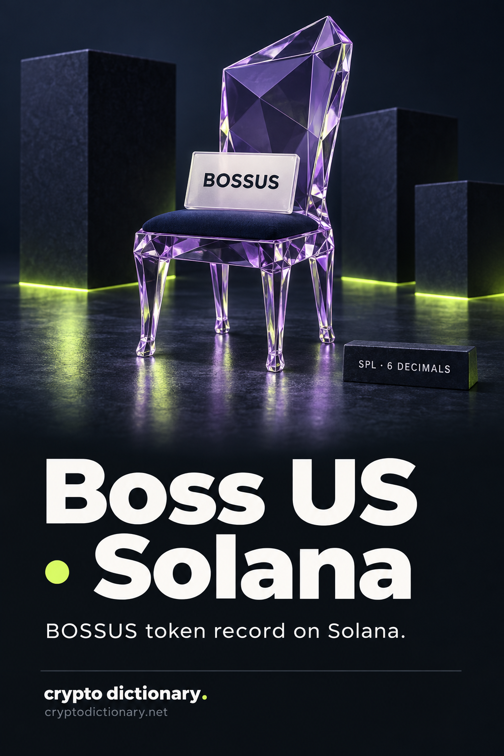 A BOSSUS registry tile on an original lilac glass chair, with Boss US · Solana title, SPL format and 6 decimals.