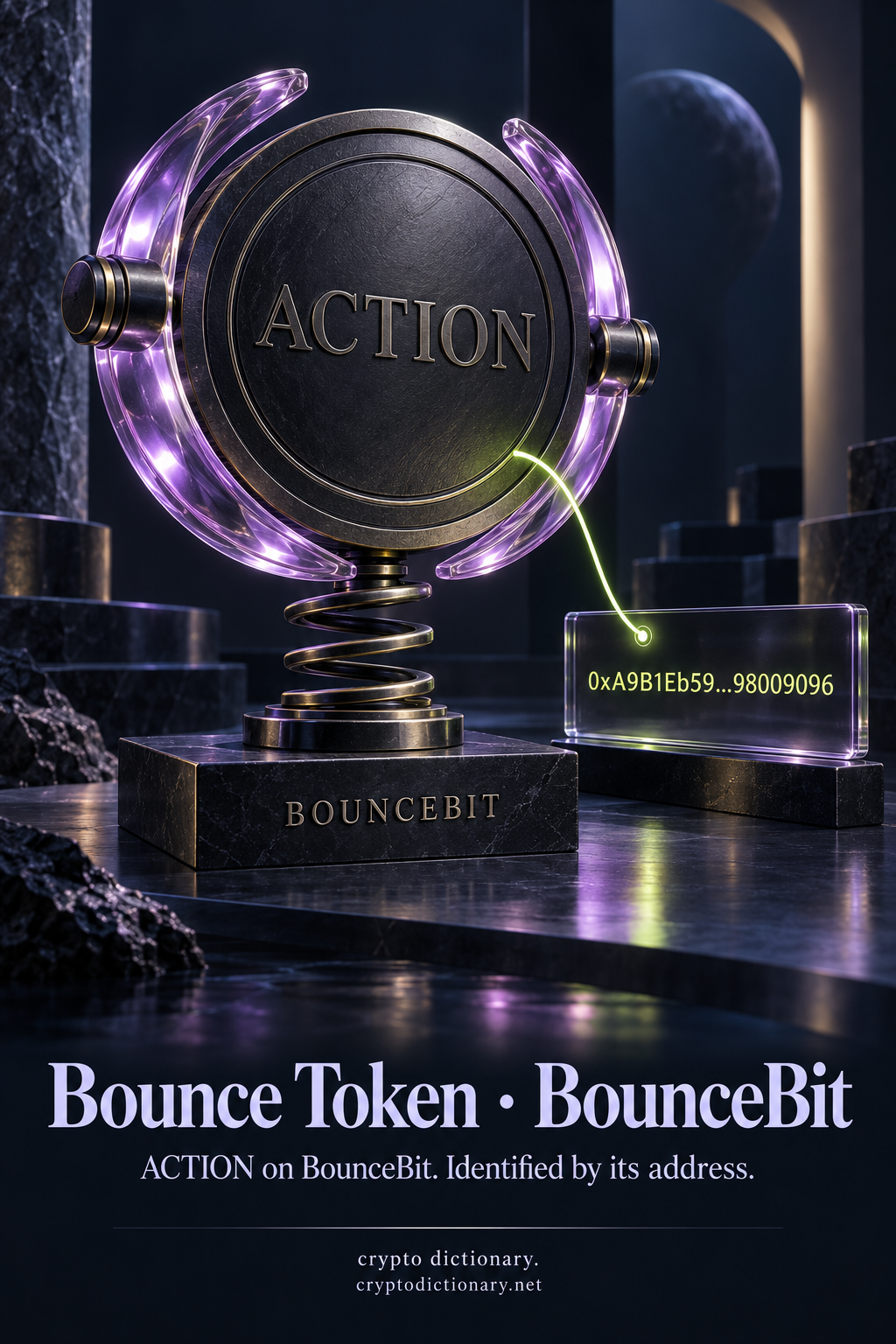 An ACTION token specimen held by curved lilac bands on a static spring, with BounceBit base and abbreviated public contract plate.