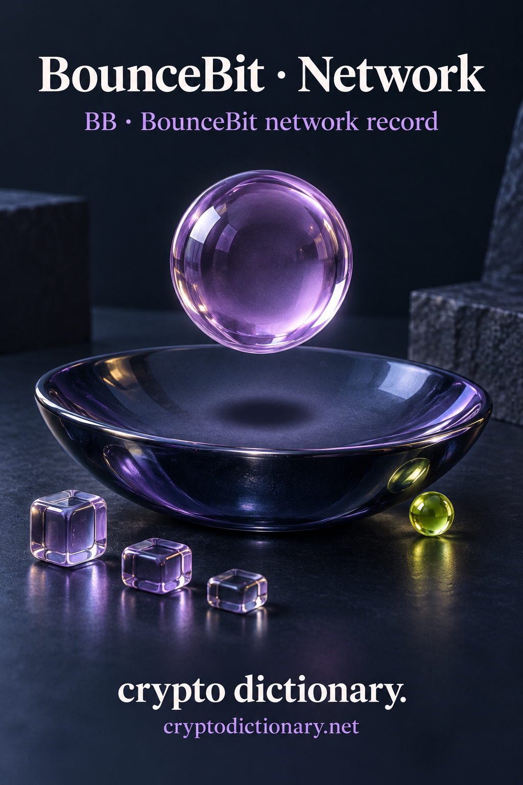 Lilac glass ball hovering above a navy bowl beside three plain glass bits beneath BounceBit · Network registry typography.