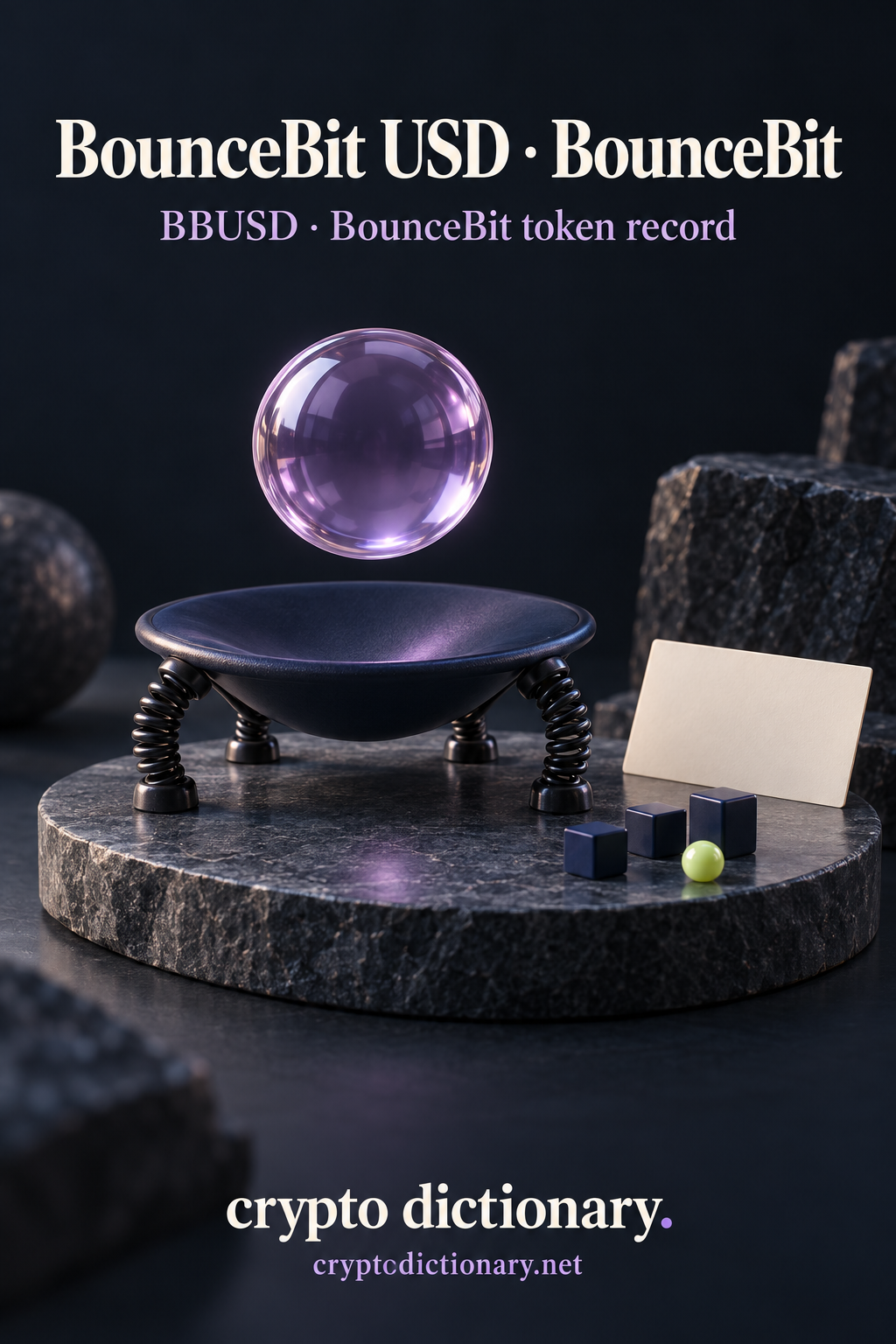 BounceBit USD · BounceBit above a lilac glass sphere over a navy spring-supported dish, small blank blocks, card and lime bead.