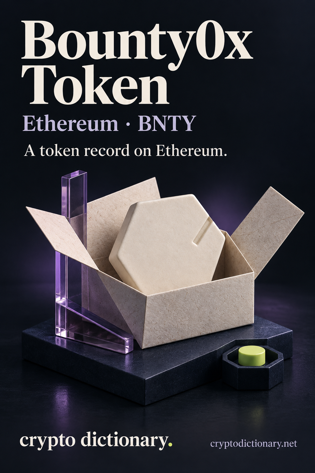 An original notched ivory ceramic hexagon in an open paper archive box with lilac glass brace and lime locator, labelled Bounty0x Token, Ethereum and BNTY.