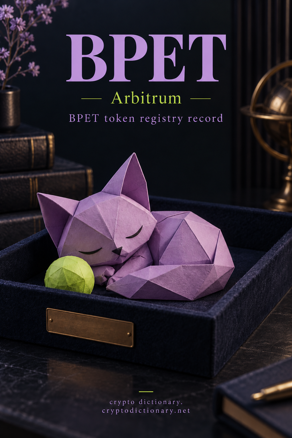 BPET on Arbitrum: an original lilac folded paper pet sleeping beside a lime ball in an archive tray.