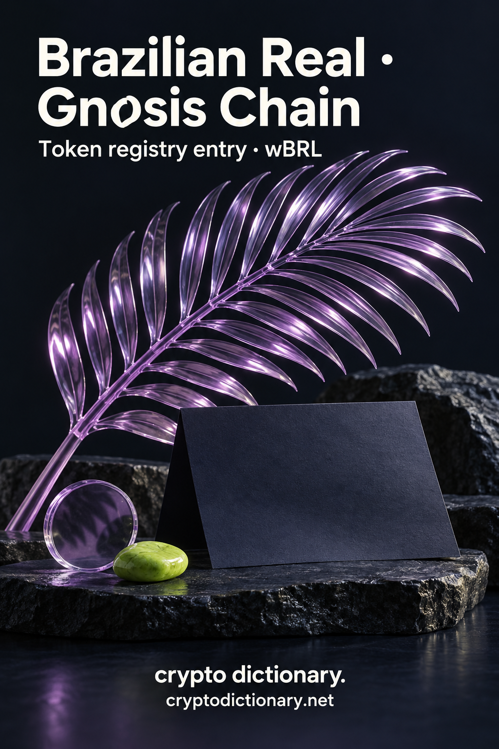 Lilac palm frond and blank folded navy sheet, titled Brazilian Real · Gnosis Chain.