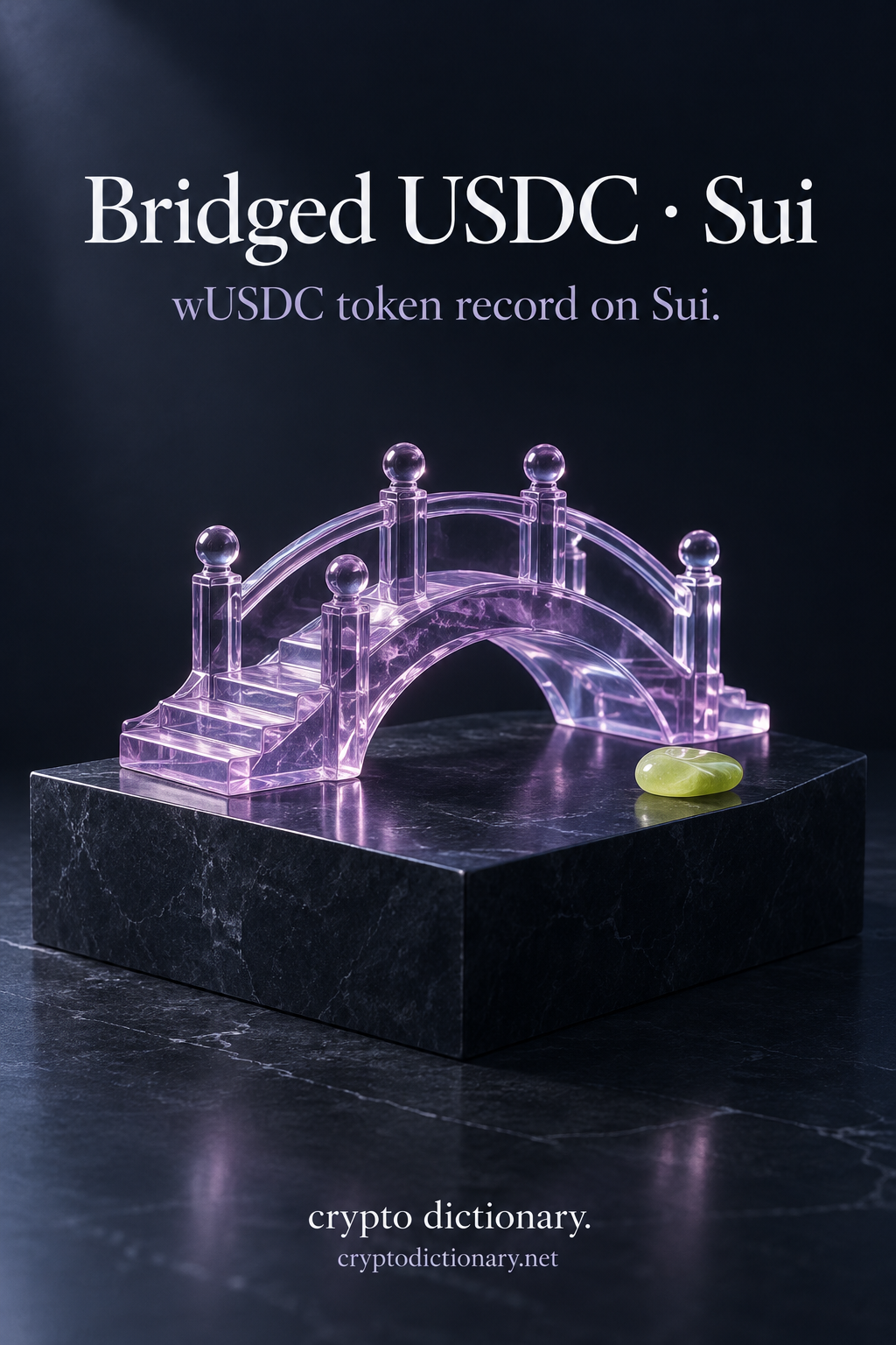 Miniature lilac glass footbridge on a plain navy display base for Bridged USDC wUSDC token registry entry on Sui.