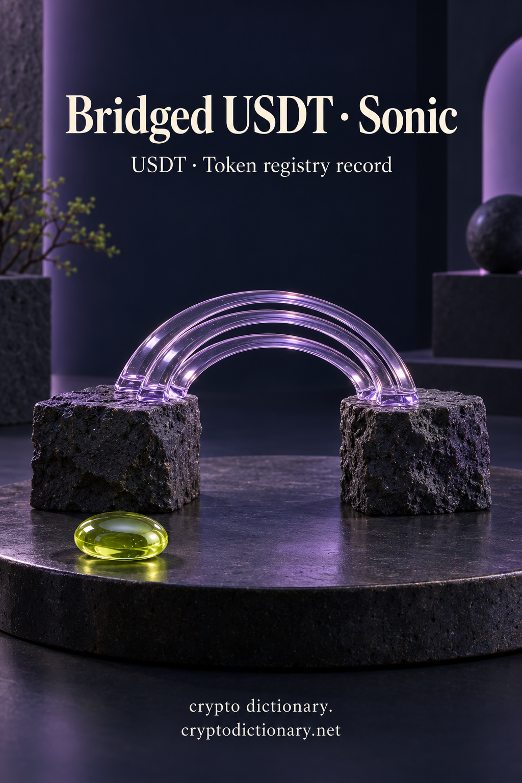 Small lilac glass footbridge over an empty gap between basalt blocks beneath Bridged USDT · Sonic.