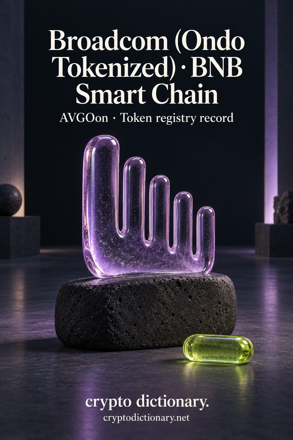 Broad lilac glass comb sculpture with staggered teeth on black basalt beneath Broadcom (Ondo Tokenized) · BNB Smart Chain.