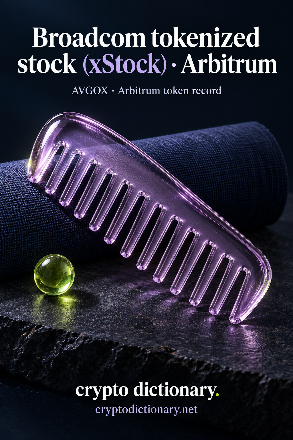 Actual original pixels inspected: full exact Broadcom tokenized stock (xStock) · Arbitrum heading retains lowercase tokenized stock and xStock parentheses/case across two legible lines. Accurate AVGOX · Arbitrum token record caption and both complete inset footers. Oversized broad lilac glass comb resting diagonally on plain navy linen roll/stone/lime bead is sound/name mnemonic only, not company electronics/product, equity ownership, official logo, backing, yield or utility assertion. All props unlettered; full technical identity only binding/manifest.