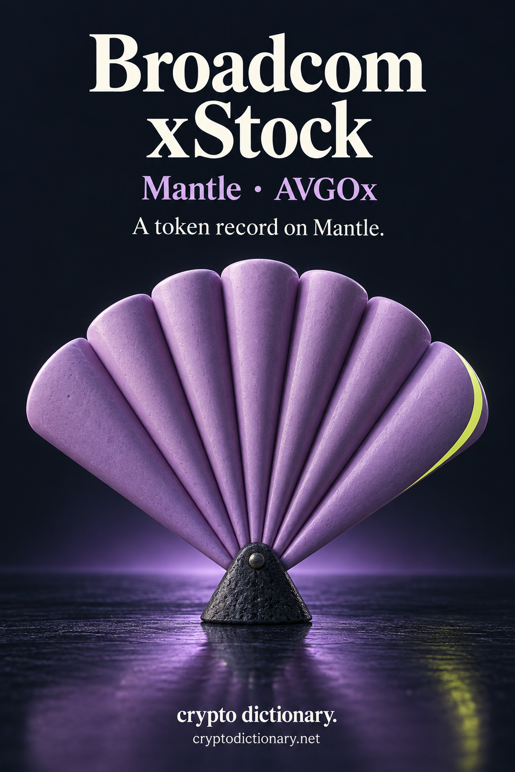 A broad lilac ceramic fan with rounded pleats spreads from a triangular basalt base, labeled Broadcom xStock, Mantle and AVGOx.