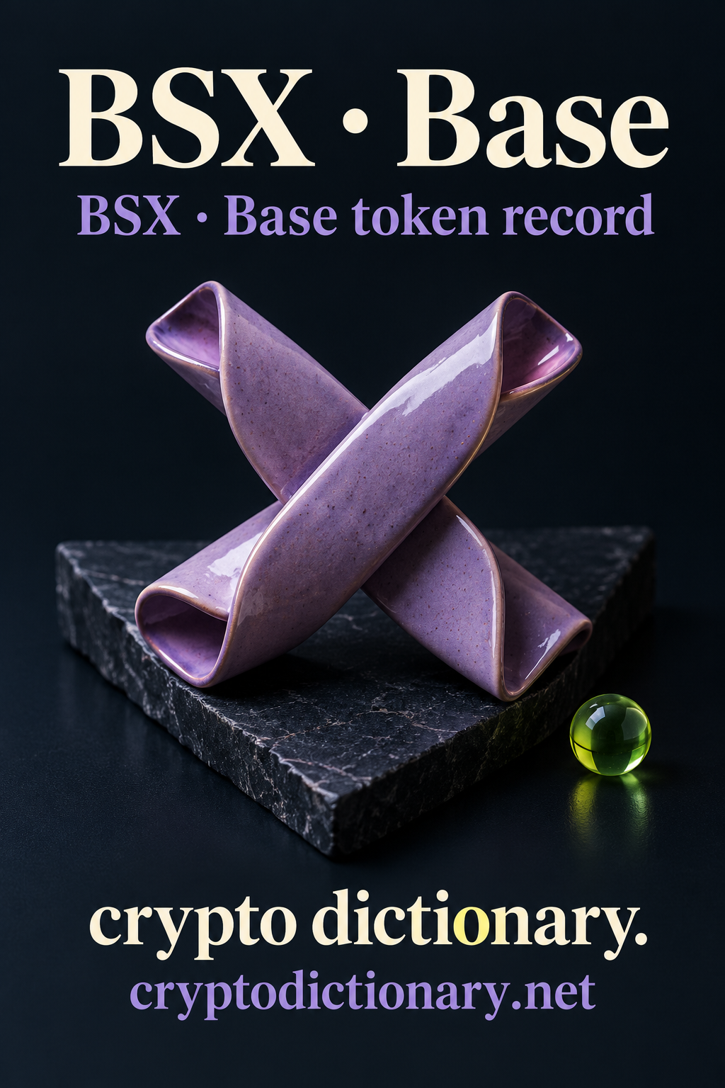 Two folded lilac ceramic ribbons crossing into an X on triangular navy stone beside a lime bead, beneath BSX · Base.
