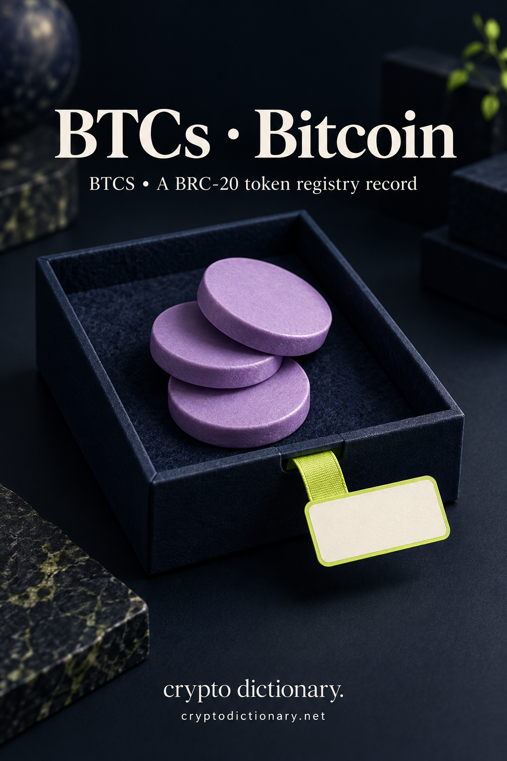 Three plain lilac specimen discs lie in a navy catalogue tray beside a blank lime registry label.