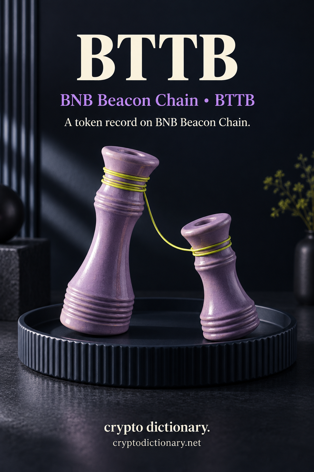 BTTB token registry illustration on BNB Beacon Chain with twin lilac sculptural bobbins and a lime thread on navy.