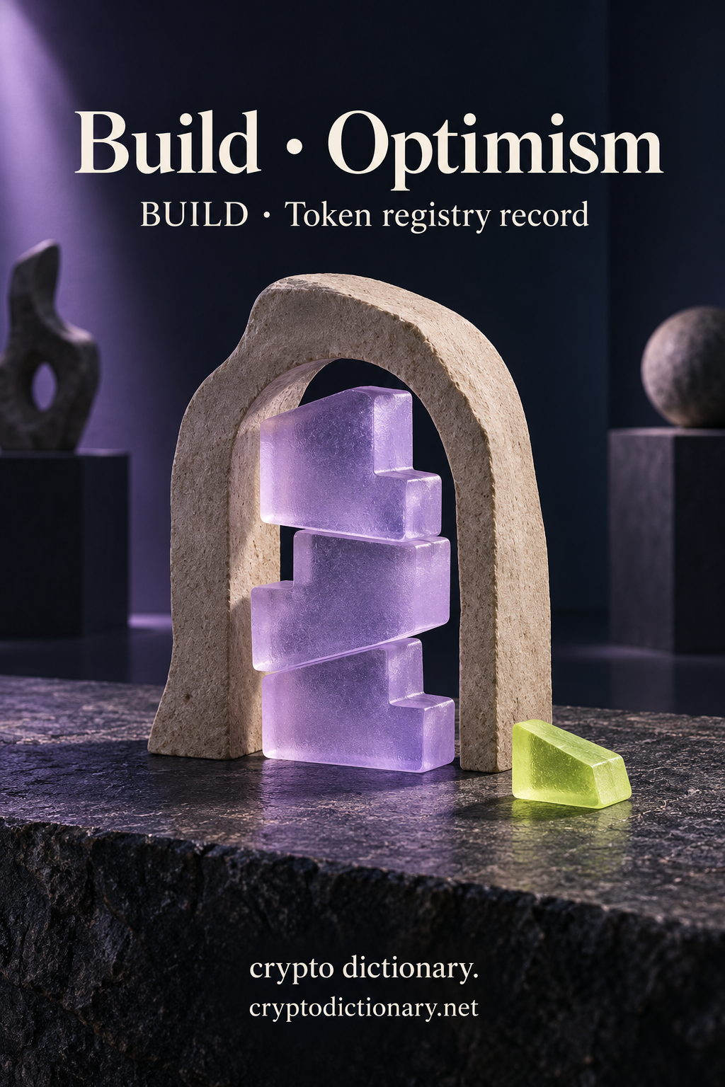 Lilac glass dovetail blocks forming an unfinished abstract arch for Build on Optimism.