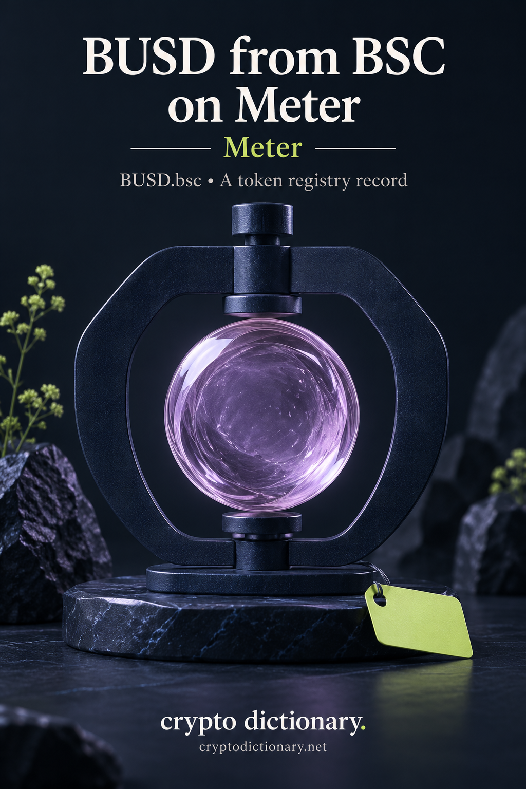 A plain lilac glass specimen in a navy measuring holder illustrates BUSD from BSC on Meter.