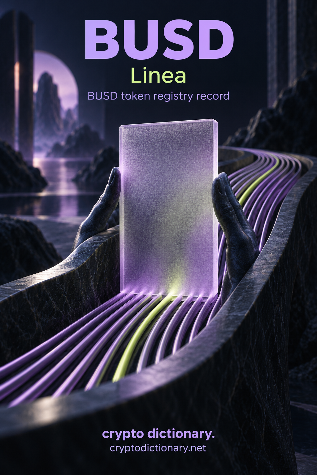 BUSD on Linea: a blank frosted archive tile among lilac and lime threads in a navy trough.