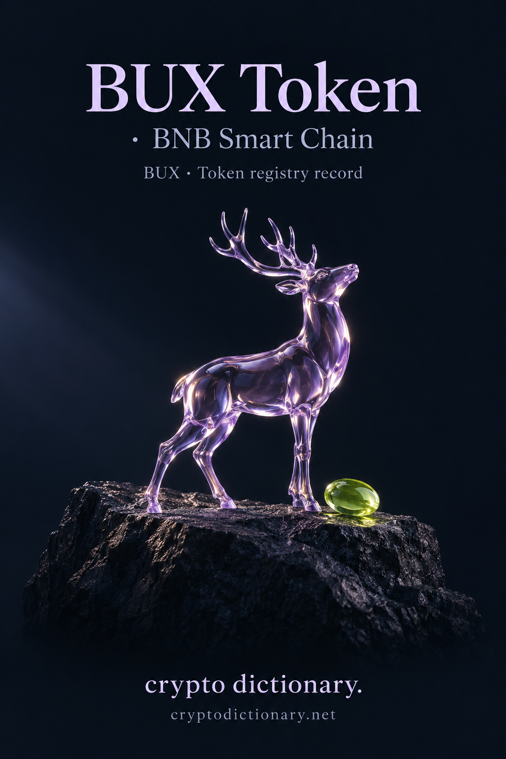 BUX Token on BNB Smart Chain: an original lilac glass stag on a charcoal ledge beside a lime oval, with BUX token registry caption.