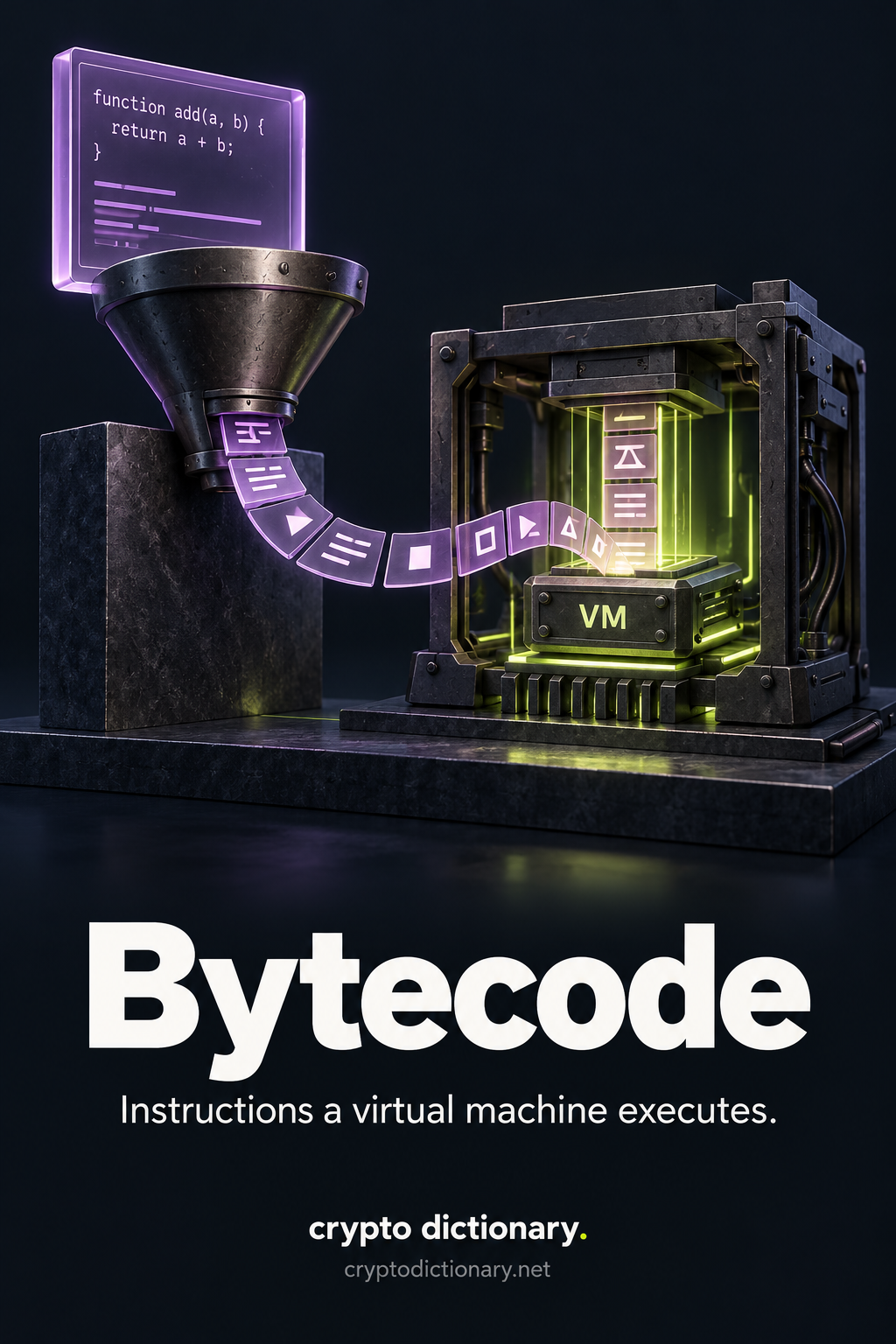 Bytecode: readable source feeds through a compiler funnel into instruction tiles executed inside a machine marked VM.