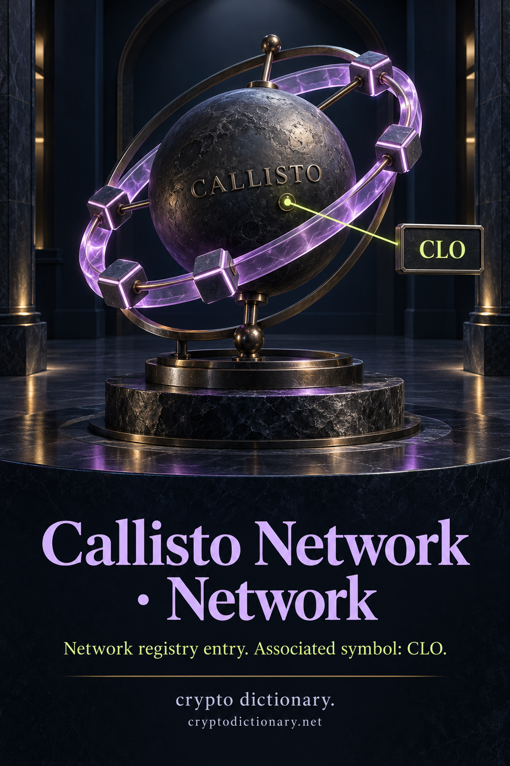 A CALLISTO name-inspired sphere and tilted lilac ring carrying generic linked nodes, paired with a CLO associated-symbol registry card.