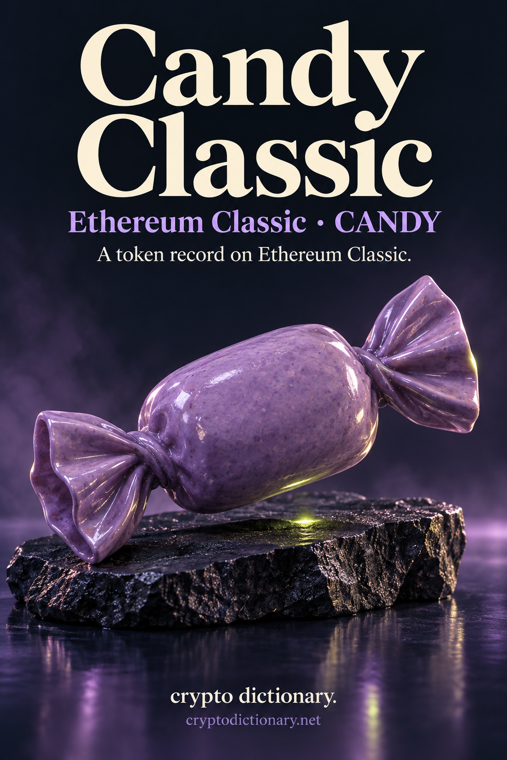An oversized glazed lilac wrapped candy with two folded ends rests diagonally above a rough basalt slab, labeled Candy Classic, Ethereum Classic and CANDY.
