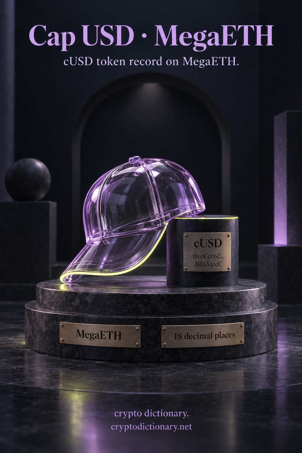 A translucent lilac baseball-cap sculpture beside a cUSD registry specimen, with MegaETH and 18 decimal places plaques and a shortened public contract label.