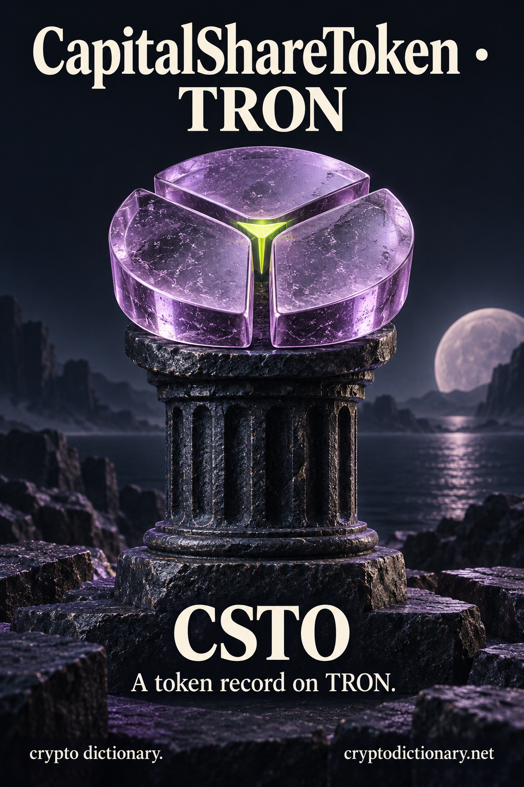 CapitalShareToken · TRON (CSTO) illustrated with an original physical name mnemonic; a token record on TRON.