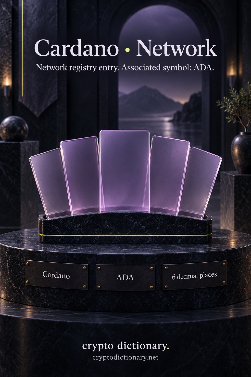 Five plain lilac glass cards in a navy stand for Cardano network registry entry, associated ADA and six decimal places.