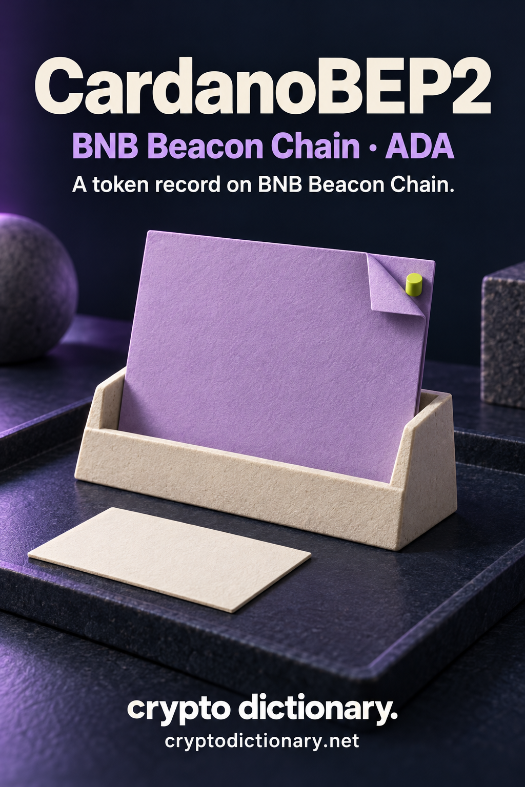 CardanoBEP2 on BNB Beacon Chain, ticker ADA: a lilac folded-corner catalogue card in an ivory stand with a blank card and lime peg.