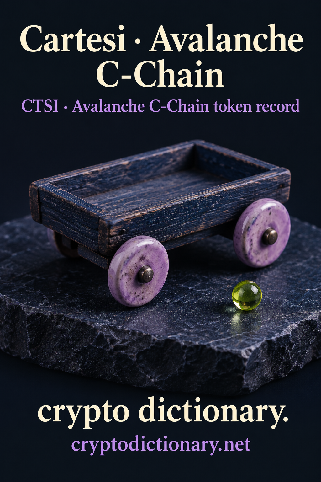 An empty navy wooden miniature cart on lilac ceramic wheels beside a lime bead, beneath Cartesi · Avalanche C-Chain.