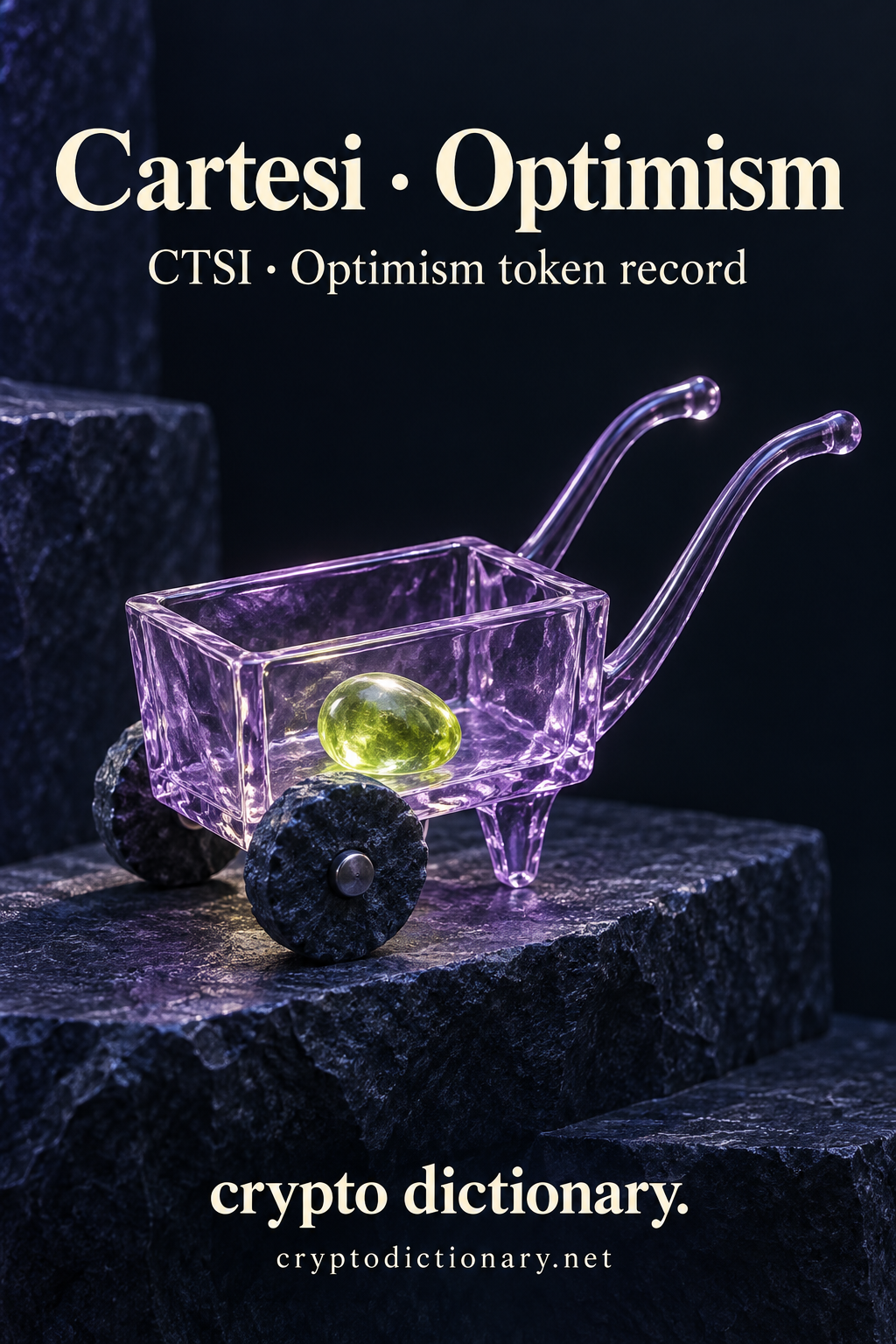 Cartesi · Optimism — original lilac glass name-inspired sculpture with accurate CTSI token record caption.