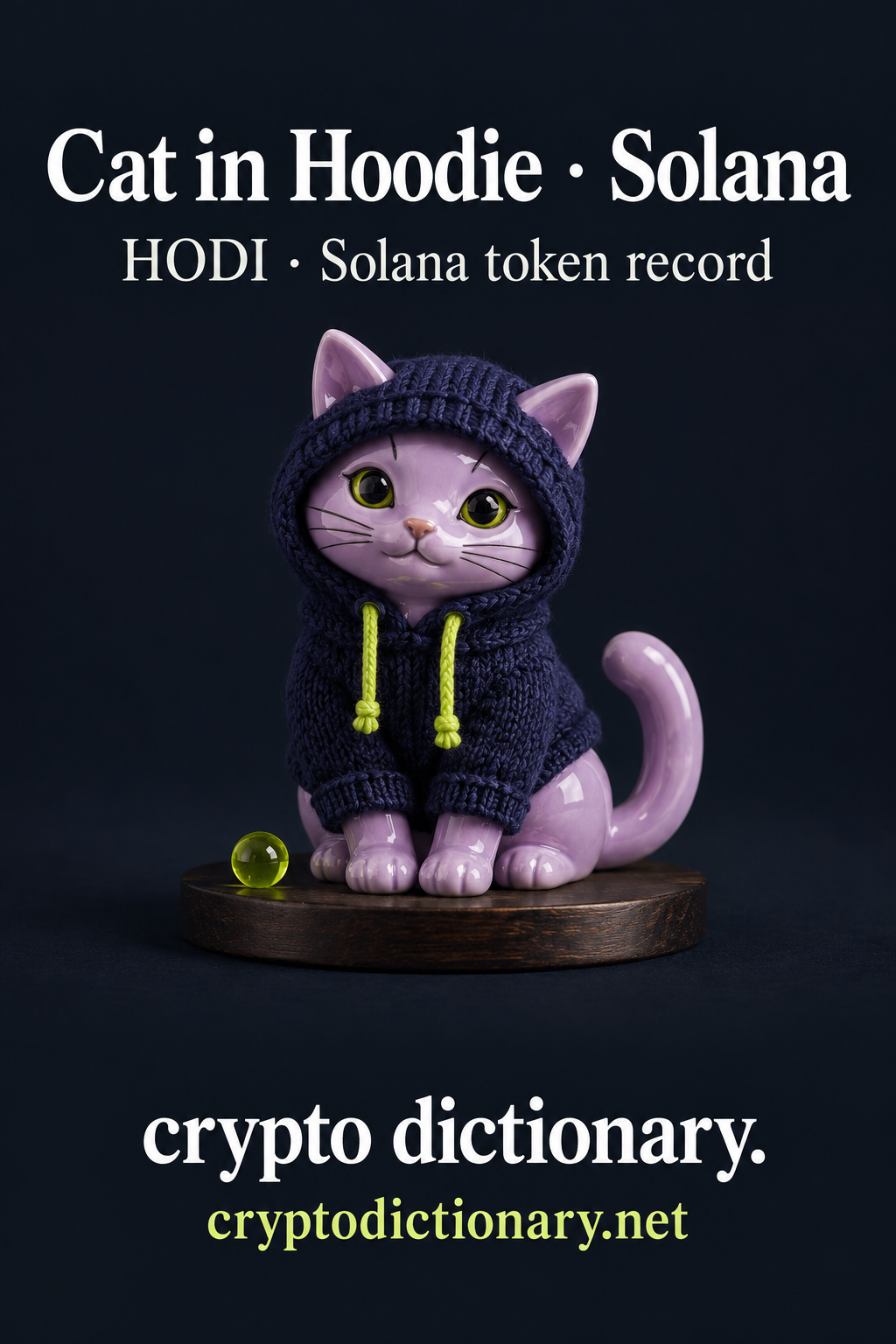 Original lilac ceramic cat in navy knitted hoodie on low wooden plinth for Cat in Hoodie on Solana with HODI registry caption.