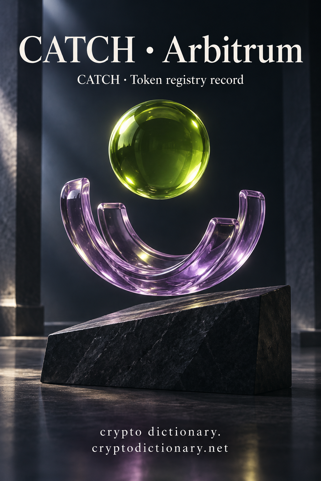 Lime glass sphere above lilac catching cradle and dark plinth, titled CATCH · Arbitrum.