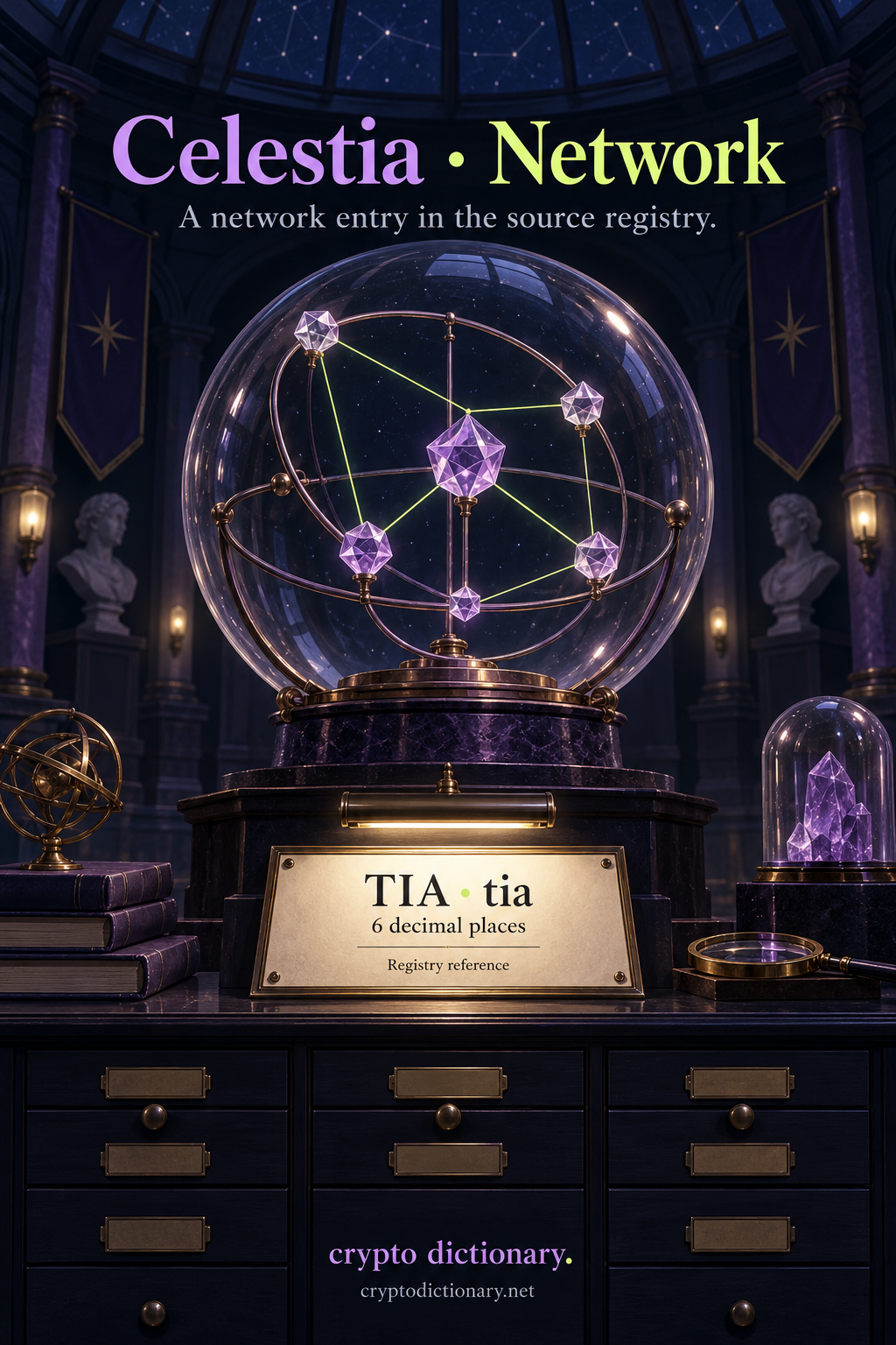 Celestia network registry: a glass-domed lilac constellation orrery stands above a TIA, tia, six-decimal-place registry plaque.