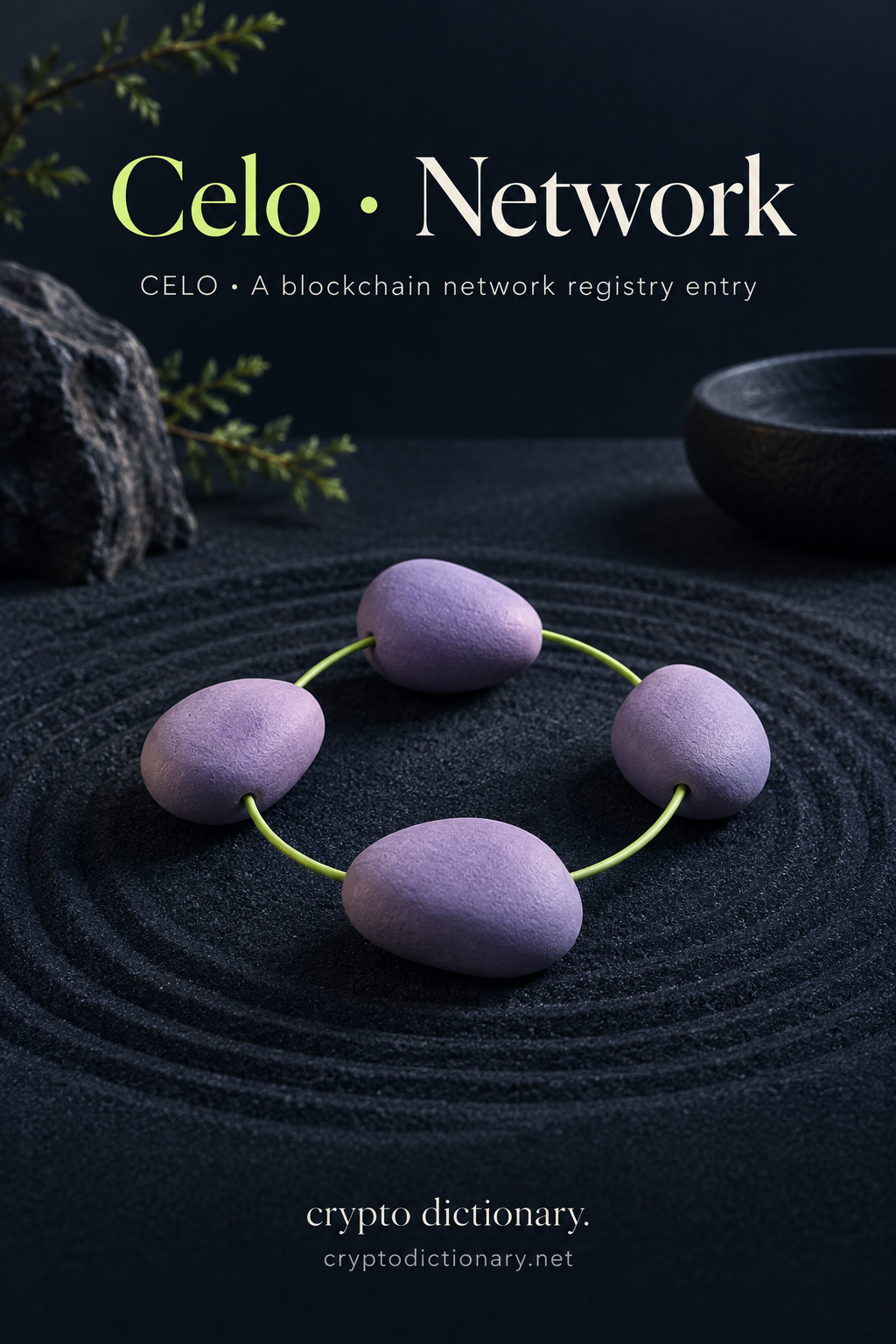 Plain lilac pebbles connected by lime cord on a navy sand table depict a network registry entry.