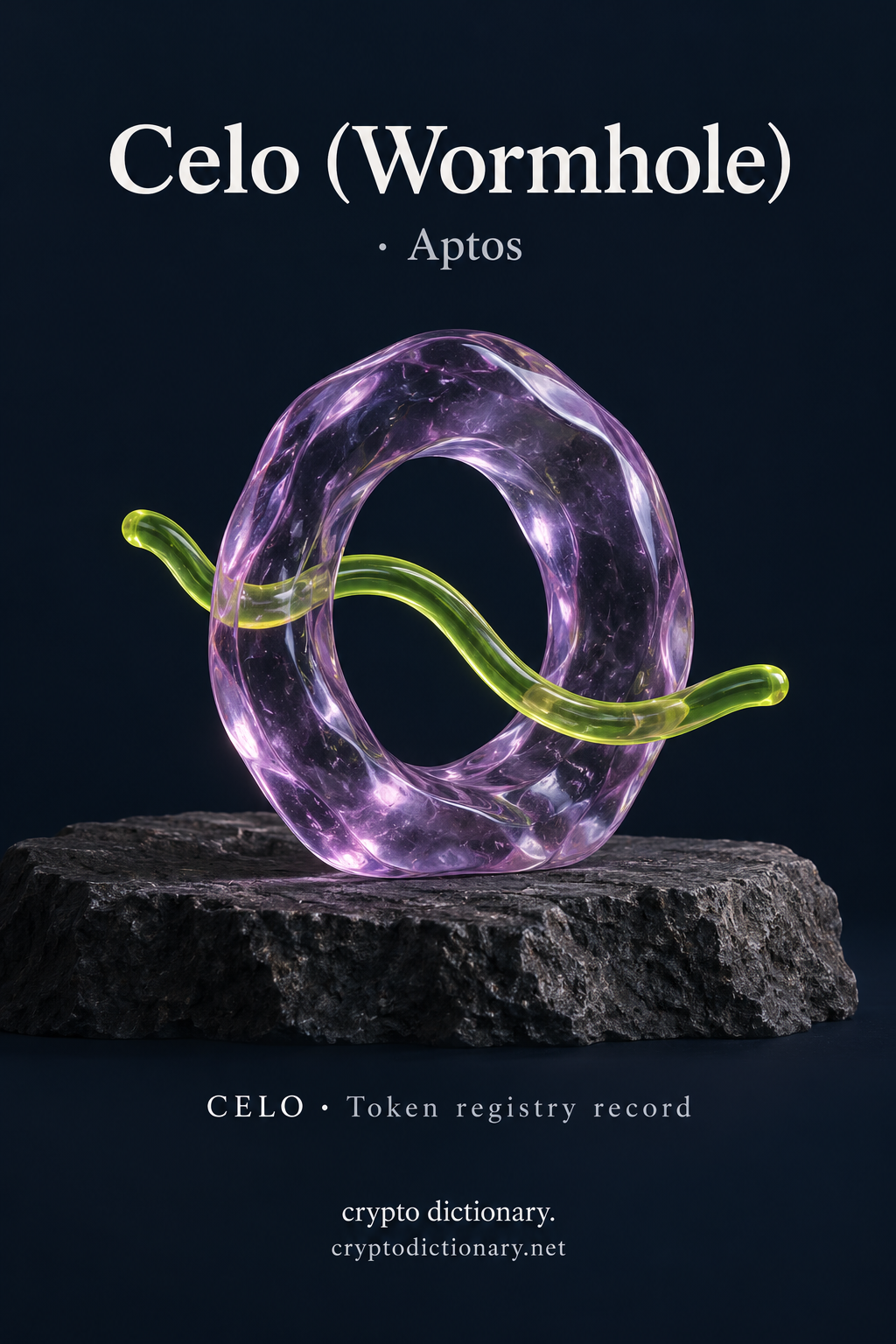 Celo (Wormhole) on Aptos: a lilac glass ring and a loose lime worm-like curve on dark stone, with CELO token registry caption.