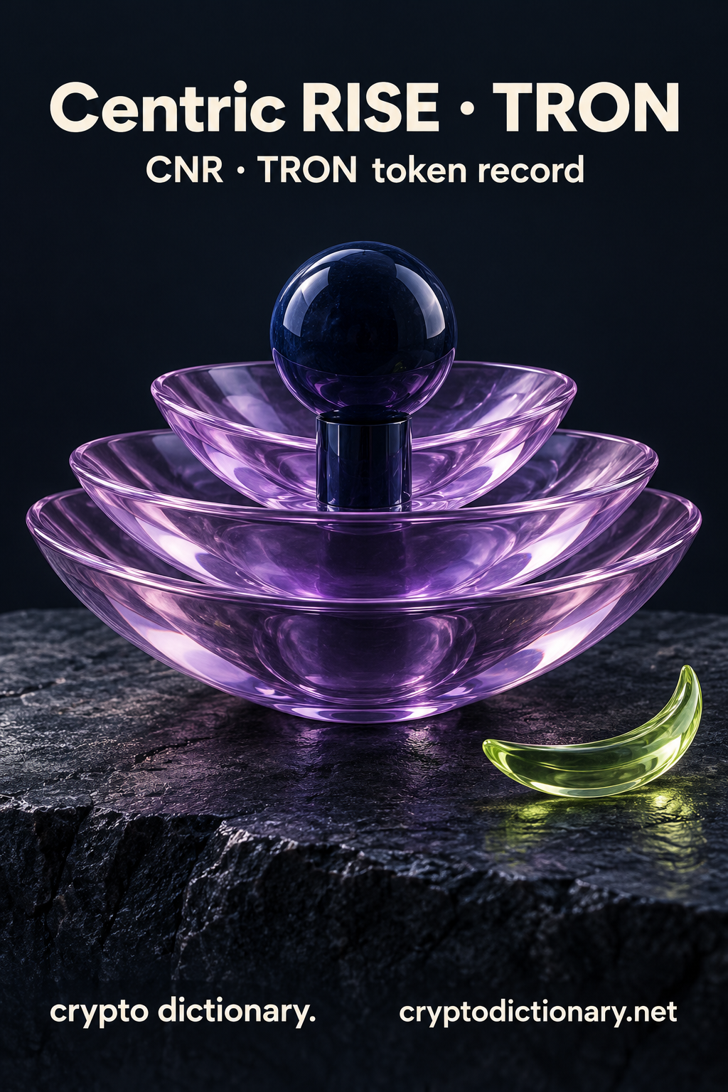 Centric RISE · TRON — original lilac glass name-inspired sculpture with accurate CNR token record caption.