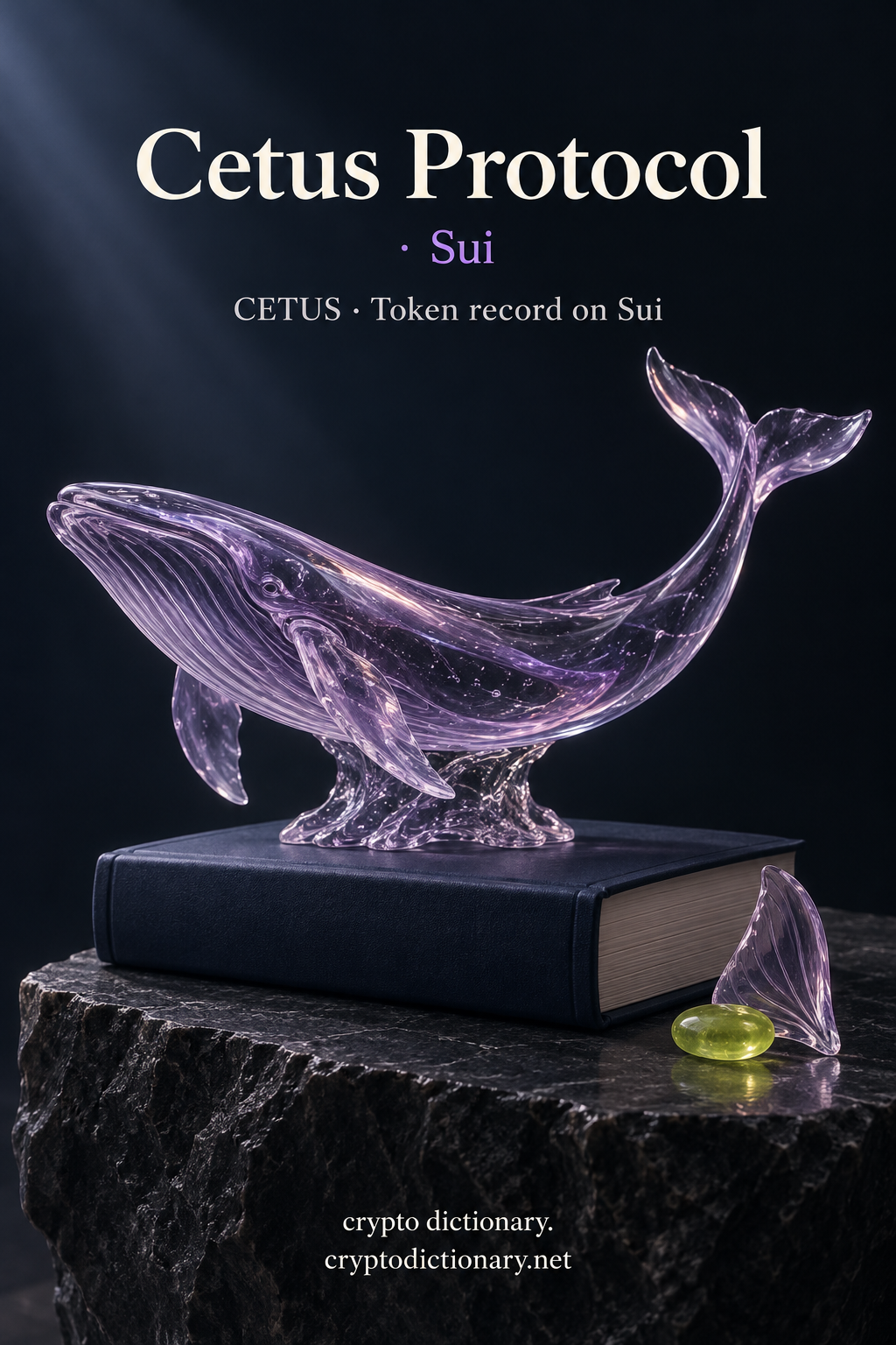 Cetus Protocol on Sui registry illustration with a lilac glass whale above an unlettered navy book.