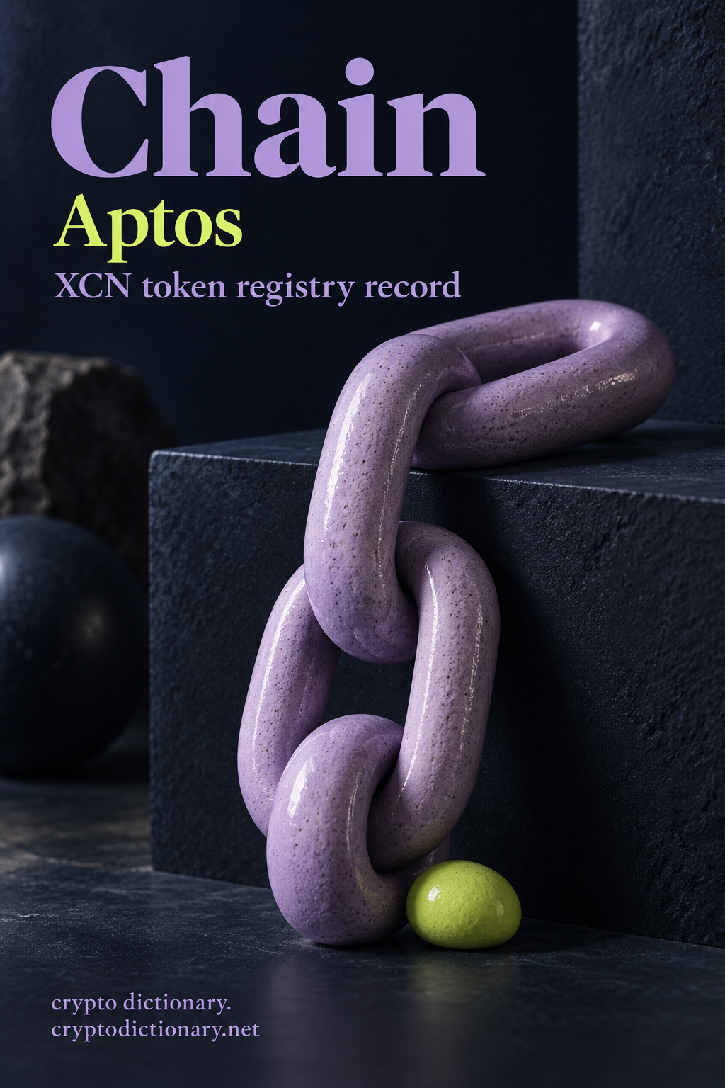 Chain on Aptos: lilac ceramic chain links on a navy shelf with a lime pebble.