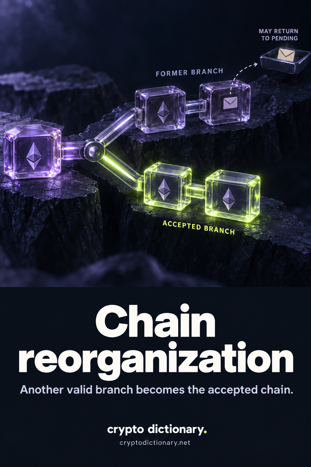 A shared parent splits into intact former and newly accepted block branches; a transaction in the former branch may return to a pending tray.