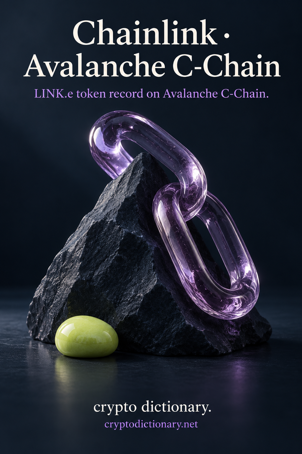 Two elongated lilac glass oval links draped over a dark mountain-shaped stone with lime pebble; Chainlink · Avalanche C-Chain registry artwork.