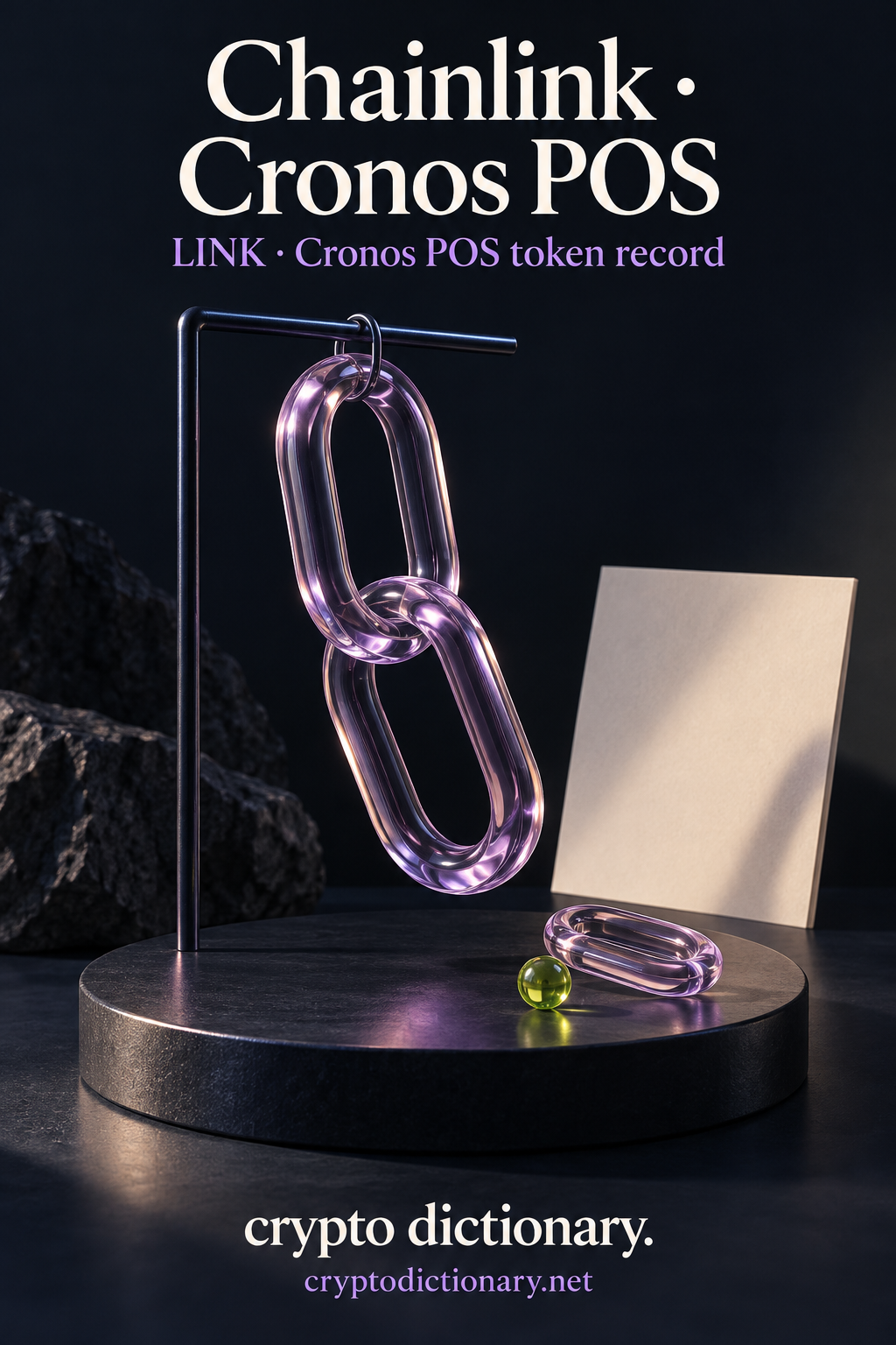 Two suspended oval lilac glass chain links and a separate plain link beside an archival card beneath Chainlink · Cronos POS registry typography.