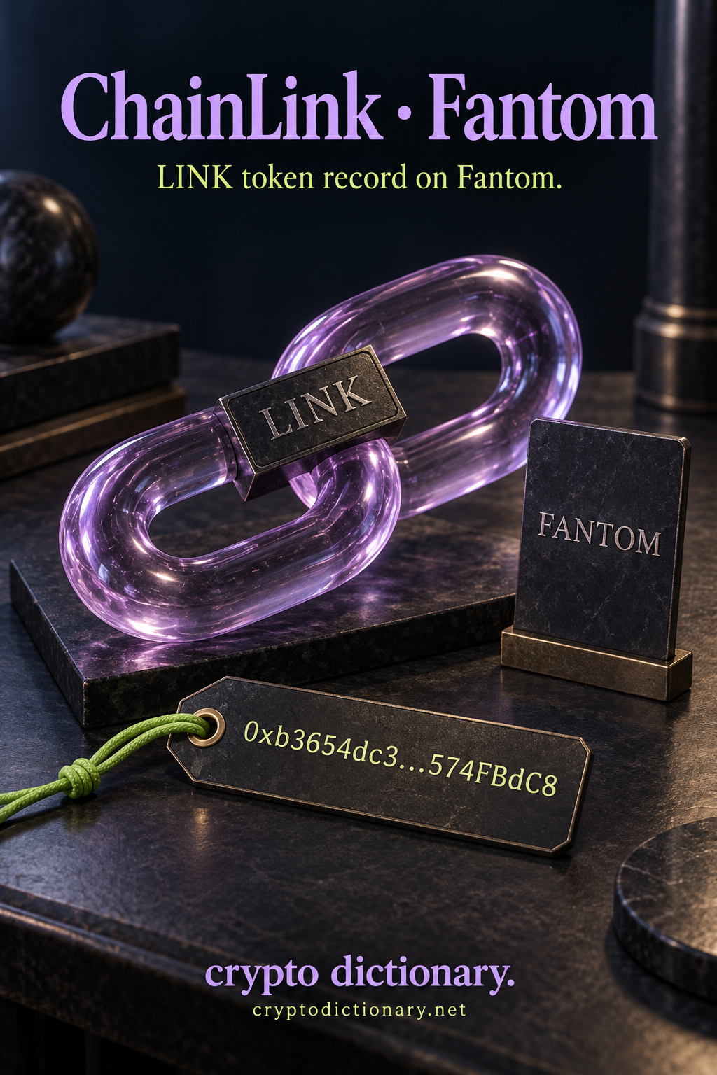 Two lilac glass chain links with LINK specimen, Fantom card and abbreviated public contract tag.