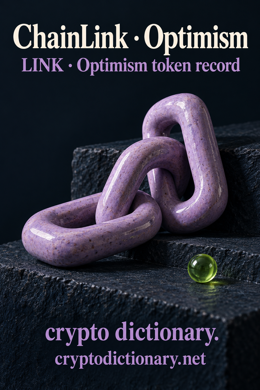 Three lilac ceramic chain links draped on a rough navy stone step beside a lime bead, beneath ChainLink · Optimism.